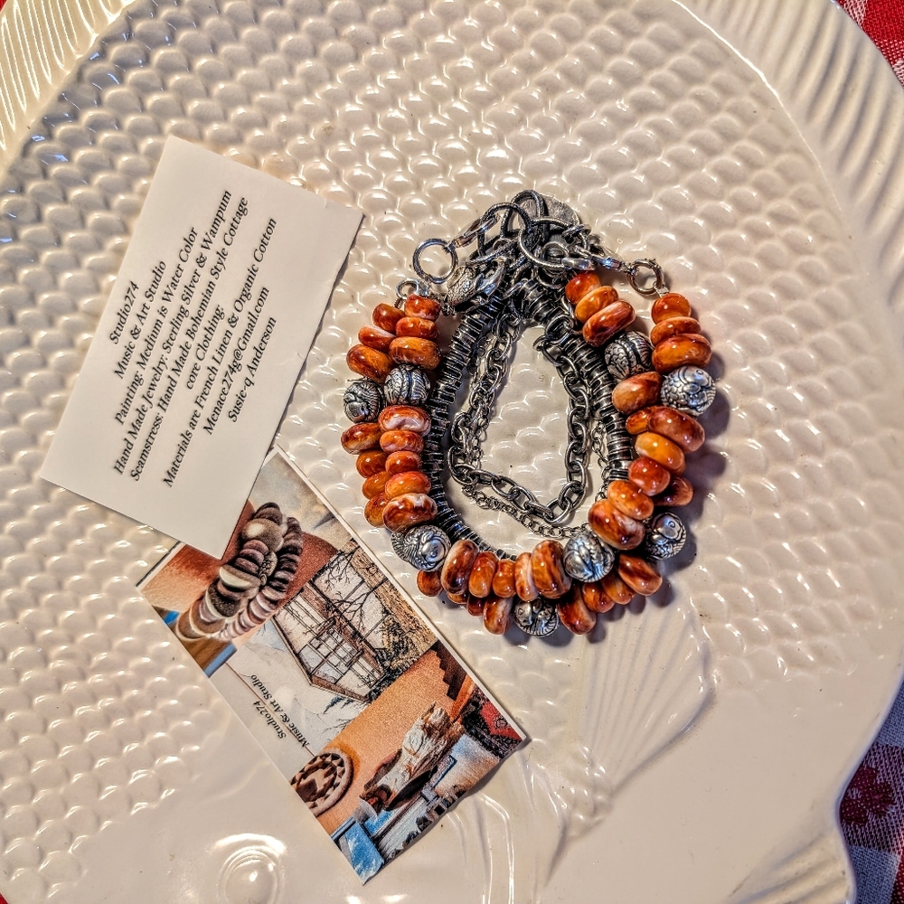 💥SOLD💥NewSpiny Oyster&999 Sterling Silver Fish Beads,3 Chain Sterling Bracelet - Picture 6 of 6